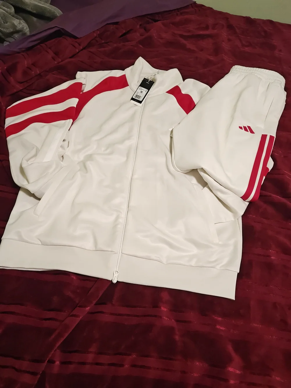adidas White Track Jacket & Pants Set with Red Stripes